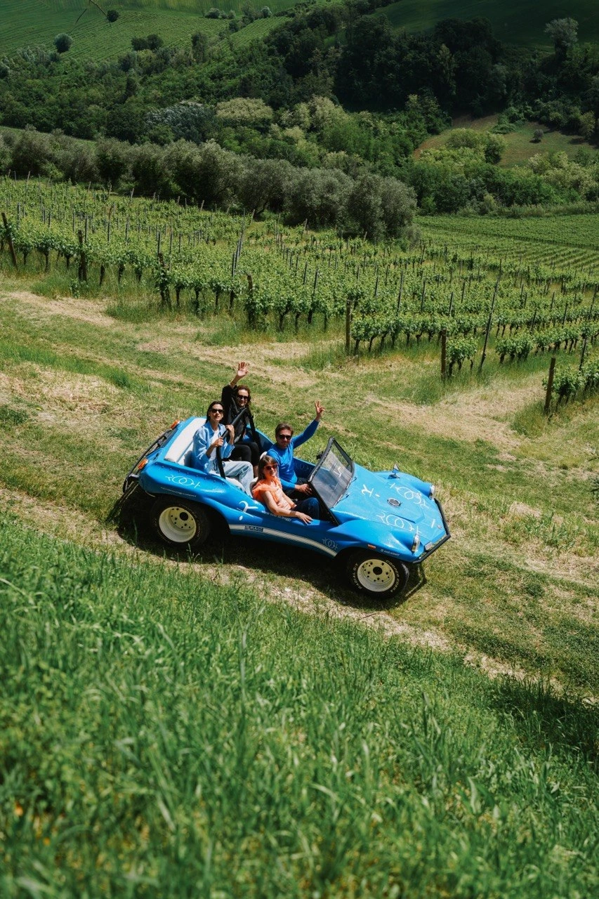 Guests waving from the blue ROOT buggy among the vineyards, from above