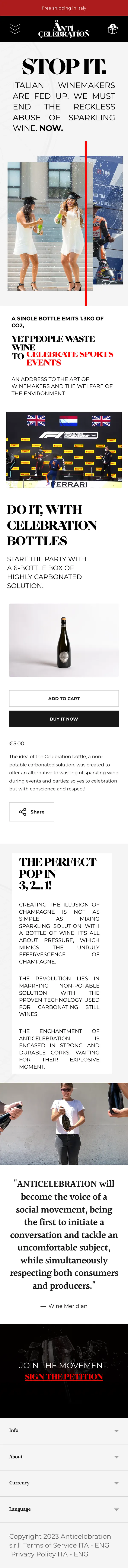 The Anticelebration water campaign page, scrolling